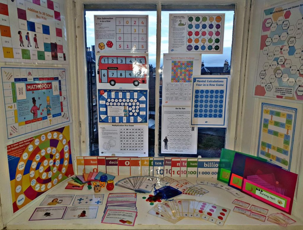 primary school display of games and word challenges to help learning