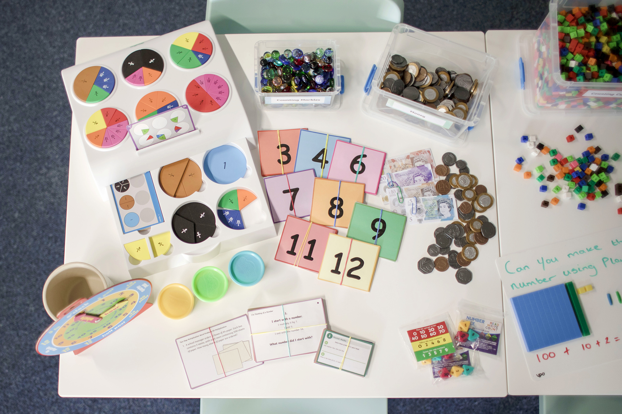 Numeracy Learning Materials including number cards, pie charts, counting materials
