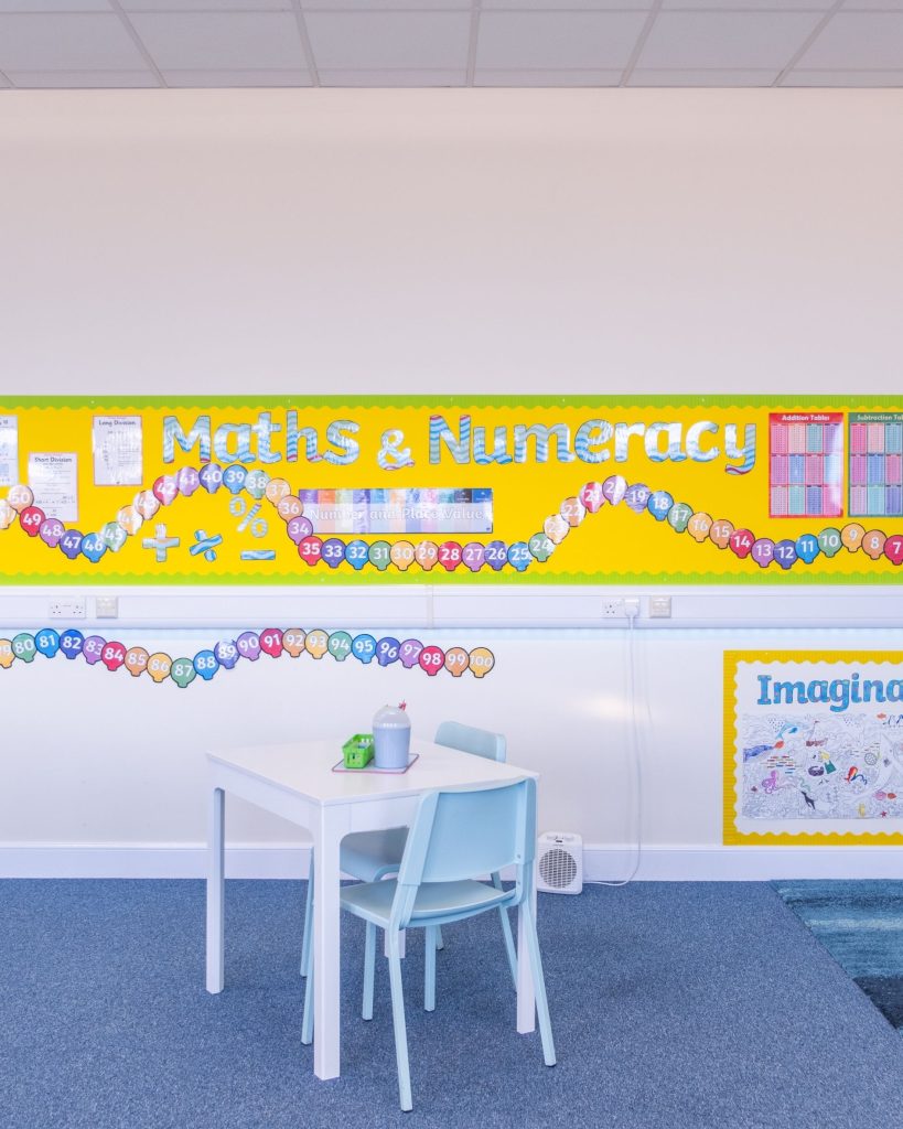 A desk in the Learning Space in front of our maths and numeracy wall