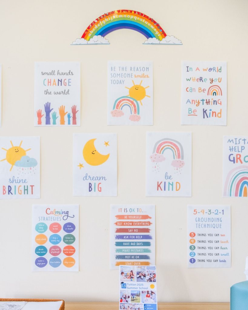 A wall featuring motivational quotes for the students